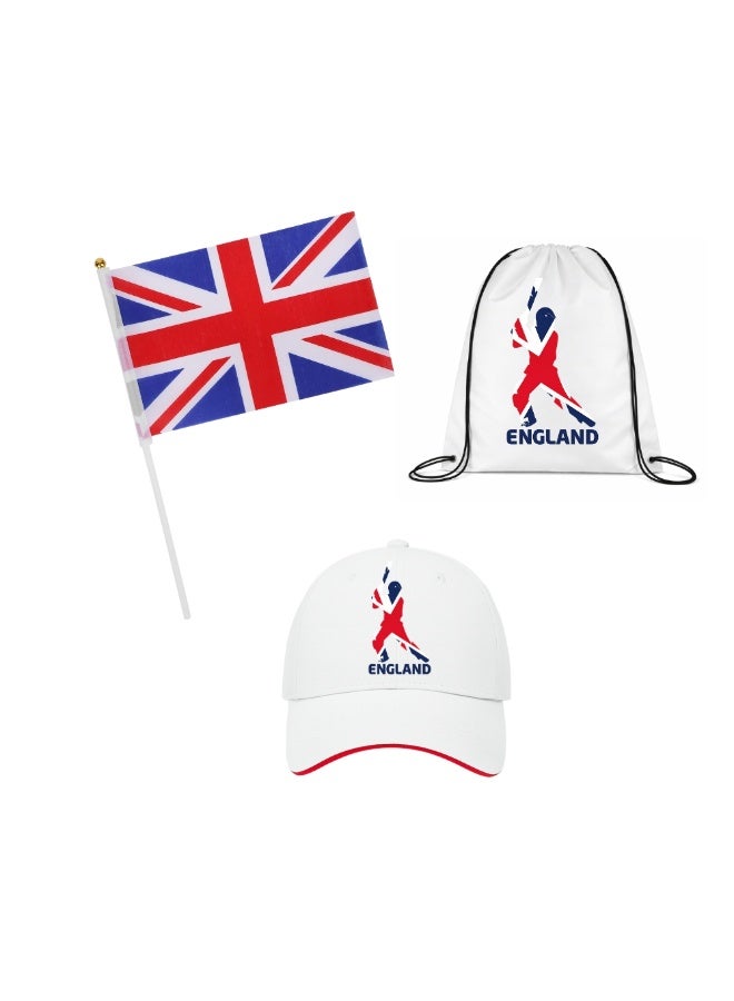 مجموعة مشجعي الرياضة في إنجلترا - عبوة مكونة من 3 قطع - قبعة وحقيبة برباط وعلم يدوي - مثالية للمباريات والمناسبات والاستخدام اليومي - مثالية لعشاق الرياضة - Image 1